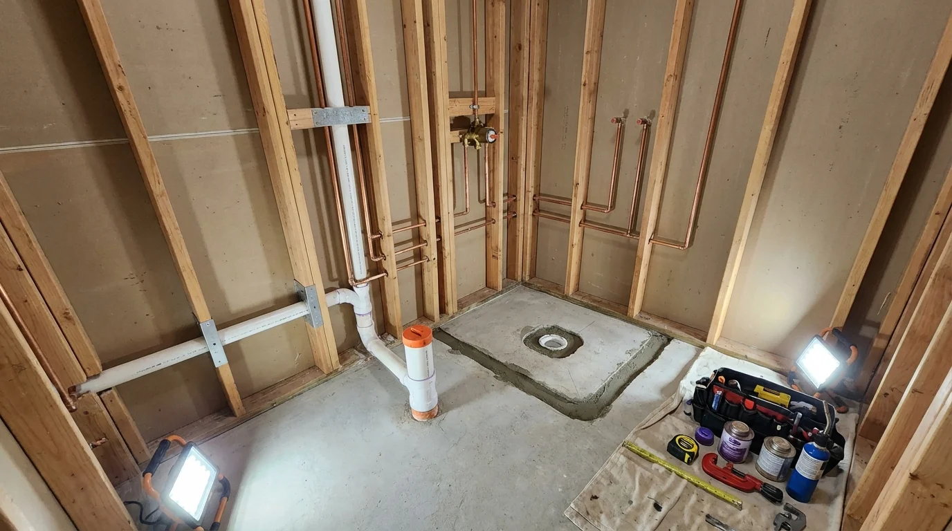 Bathroom rough-in plumbing during remodel by Johns Plumbing LLC in Raymond