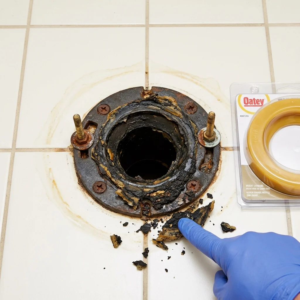 Failed wax ring showing water seepage at the base of a toilet in a Raymond, WA home